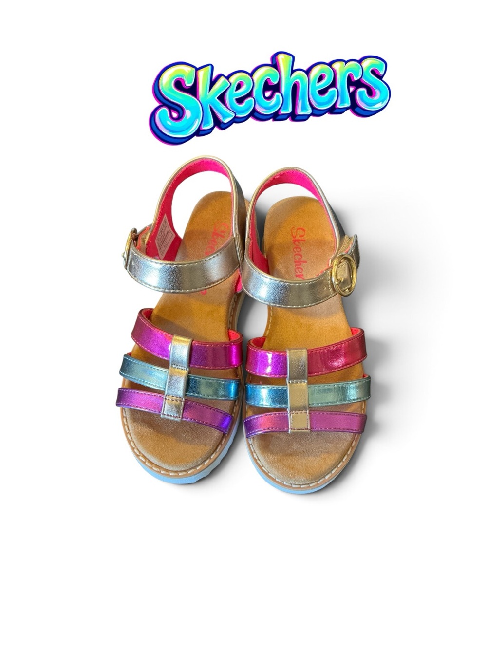 Skechers Kids Metallic Rainbow Strappy Sandals - Pink Blue Gold new no box